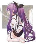  1girl alternate_costume alternate_hairstyle blue_eyes blurry blurry_background bound bound_arms chain collar commentary_request hair_ribbon highres hololive long_hair looking_at_viewer looking_back ponytail pupps ribbon shorts solo tashkent_(azur_lane) thigh-highs white_legwear 