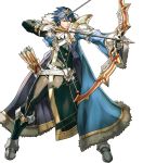  1boy alternate_costume arrow belt blue_eyes blue_hair boots bow_(weapon) chrom_(fire_emblem) fire_emblem fire_emblem_awakening fire_emblem_heroes full_body fur_trim gloves highres hino_shinnosuke official_art quiver solo teeth tiara transparent_background weapon 