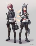  2girls animal_ears arknights artist_request bag battle_rifle black_hair black_legwear boots chinese_commentary commentary_request energy_wings exusiai_(arknights) fingerless_gloves fn_fal gloves gun h&amp;k_usp halo handgun highres knee_pads multiple_girls pantyhose red_eyes redhead rifle shorts skirt tail texas_(arknights) weapon wolf_ears wolf_tail 