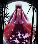 1girl bamboo bamboo_forest black_hair bow bowing bowtie bug butterfly closed_eyes collared_shirt curtsey floral_print forest frilled_skirt frills full_moon highres hime_cut houraisan_kaguya insect long_hair long_skirt long_sleeves moon moonlight nature pink_shirt rayasi red_skirt shirt skirt skirt_hold touhou white_bow white_neckwear wide_sleeves