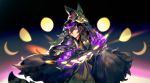  1boy arm_up bangs black_gloves black_hair character_request closed_mouth crescent fan fox_mask full_moon gloves hangleing holding holding_fan holding_mask japanese_clothes long_hair long_sleeves looking_at_viewer male_focus mask mask_on_head moon noh_mask onmyoji solo upper_body violet_eyes 