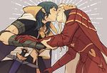  2girls arm_guards armor blush byleth_(fire_emblem) byleth_eisner_(female) cape closed_eyes dagger edelgard_von_hresvelg fire_emblem fire_emblem:_three_houses gloves green_hair horned_headwear kiss multiple_girls muscle muscular_female navel_cutout red_cape red_gloves scar silver_hair tiara unoobang weapon yuri 