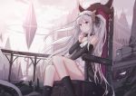  1girl bangs bare_shoulders building chair curled_horns detached_collar detached_sleeves eyebrows_visible_through_hair facing_viewer grey_hair highres horns long_hair original red_eyes sitting solo touhourh two_side_up wind 