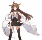  1girl ahoge bangs blue_eyes blush brown_hair brown_legwear detached_sleeves double_bun eyebrows_visible_through_hair frilled_skirt frills hands_on_hips headgear japanese_clothes kantai_collection kongou_(kantai_collection) long_hair long_sleeves nontraditional_miko ribbon-trimmed_sleeves ribbon_trim sidelocks simple_background skirt smile solo suzuka_(suzuka9111) thigh-highs white_background wide_sleeves 