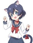  1girl alternate_costume animal_ears black_hair blue_eyes blush bow bowtie cat_ears cat_girl cat_tail collar commentary_request cowboy_shot extra_ears eyebrows_visible_through_hair fang hands_up ilyfon133 kaban_(kemono_friends) kemono_friends kemonomimi_mode navy_blue_skirt no_hat no_headwear open_mouth paw_pose pleated_skirt red_bow red_collar red_neckwear sailor_collar school_uniform serafuku shirt short_hair short_sleeves skirt solo tail tail_bow white_shirt 