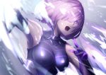  1girl absurdres armpits breasts breasts_apart elbow_gloves fate/grand_order fate_(series) gloves hair_over_one_eye highres mash_kyrielight medium_breasts open_mouth pink_hair purple_gloves shica_deer shiny shiny_hair short_hair sleeveless solo upper_body valentine violet_eyes 