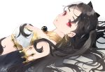  bare_shoulders black_hair breasts earrings eyebrows_visible_through_hair fate/grand_order fate_(series) hair_ornament hair_ribbon highres ishtar_(fate)_(all) ishtar_(fate/grand_order) jewelry long_hair looking_at_viewer lying oomori_(kswmr) red_eyes ribbon twintails 