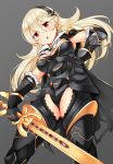  1girl bangs black_gloves black_hairband blush breasts brooch commentary_request corrin_(fire_emblem) corrin_(fire_emblem)_(female) cowboy_shot eyebrows_visible_through_hair fire_emblem fire_emblem_fates gloves grey_background hair_between_eyes hairband highres holding holding_sword holding_weapon jewelry long_hair looking_at_viewer medium_breasts open_mouth platinum_blonde_hair pointy_ears red_eyes simple_background solo standing sword tokoya_(ex-hetare) v-shaped_eyebrows weapon yato_(fire_emblem) 