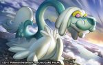  2017 blue_sky closed_mouth clouds cloudy_sky dragon drampa gen_7_pokemon match_(idleslumber) mountain outdoors pink_eyes pokemon pokemon_trading_card_game sky standing twilight watermark 