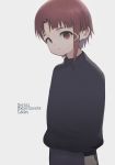  1girl absurdres asymmetrical_hair brown_eyes brown_hair closed_mouth hair_ornament hairclip highres iwakura_lain looking_at_viewer serial_experiments_lain short_hair simple_background solo white_background 