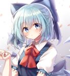  1girl absurdres artist_name bangs blue_bow blue_dress blue_eyes blue_hair blush bow bowtie cirno commentary dress eyebrows_visible_through_hair flower gradient gradient_background grey_background hair_between_eyes hair_bow hand_up highres holding holding_flower ice ice_wings looking_at_viewer petals pinafore_dress pudding_(skymint_028) puffy_short_sleeves puffy_sleeves red_bow red_neckwear shirt short_hair short_sleeves signature solo touhou upper_body white_background white_shirt wings 