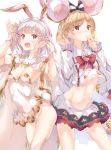  2girls absurdres alternate_costume animal_ears bangs belt blonde_hair blush breasts brown_eyes bunny_tail buttons cape cosplay costume_switch covered_navel djeeta_(granblue_fantasy) ear fake_animal_ears flower granblue_fantasy hair_flower hair_ornament hairband hairclip hands_up highleg highleg_leotard highres jewelry leotard long_sleeves looking_at_viewer midriff mouse_ears multiple_girls navel open_mouth pendant rabbit_ears red_eyes sage_(granblue_fantasy) shirt short_hair simple_background skirt small_breasts swept_bangs tail thigh-highs thighs ukiwakisen upper_body vikala_(granblue_fantasy) white_background white_cape white_hair white_legwear white_leotard white_shirt white_skirt wrist_cuffs 