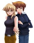  1boy 1girl arms_behind_back arms_folded black_shirt blonde_hair blush brown_eyes brown_hair couple cute deviantart happy jeans long_hair looking_at_another multicolored_hair short_hair sincity2100 tenjouin_asuka yellow_eyes yellow_pants yu-gi-oh! yuu-gi-ou yuu-gi-ou_gx yuuki_juudai 