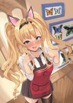  1girl absurdres animal_ears apron bangs black_legwear black_neckwear black_skirt blonde_hair blue_eyes blush braid breasts bug butterfly cat_ears collared_shirt dress_shirt french_braid granblue_fantasy hair_intakes hairband highres insect large_breasts long_hair long_sleeves looking_at_viewer necktie open_mouth paw_pose picture_frame pm_tii_(matuko1024) red_apron shirt sidelocks skirt solo tearing_up thigh-highs twintails white_shirt zeta_(granblue_fantasy) 