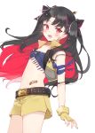  1girl bangs bow breasts fate/grand_order fate_(series) gloves hair_bow highres ishtar_(fate)_(all) long_hair looking_at_viewer multicolored_hair oomori_(kswmr) parted_bangs red_eyes redhead ribbon shirt shorts simple_background small_breasts solo_focus space_ishtar_(fate) twitter_username two-tone_hair very_long_hair white_background white_shirt yellow_gloves 