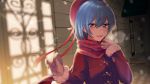  1girl alternate_costume alternate_hairstyle aqua_hair beret blue_eyes breasts breath coat eyebrows_visible_through_hair fur-trimmed_sleeves fur_trim gloves hair_between_eyes hair_down hair_ribbon hat highres hololive hoshimachi_suisei hoshimachi_suisei_(artist) looking_at_viewer medium_hair night open_mouth outdoors red_coat red_headwear ribbon scarf small_breasts smile snow solo sparkle suisei_channel upper_body virtual_youtuber white_gloves 