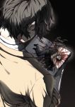  2boys bandaged_hands bandages black_background blood bloody_clothes bloody_hands book brown_hair bungou_stray_dogs dazai_osamu_(bungou_stray_dogs) fingernails highres holding holding_book male_focus multiple_boys open_book shunnyun signature size_difference 