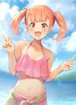  1girl :d absurdres bare_shoulders bikini blurry breasts clouds collarbone day depth_of_field double_v halter_top halterneck hands_up highres isegawa_yasutaka lens_flare long_hair looking_at_viewer midriff navel ocean open_mouth orange_hair original outdoors pink_bikini red_eyes revision sarong sky small_breasts smile solo stomach sunlight swimsuit twintails upper_body v water 