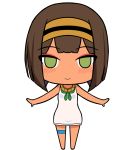  1girl bangs bare_arms bare_shoulders barefoot blush brown_hair brown_hairband chibi closed_mouth dark_skin dress eyebrows_visible_through_hair full_body green_eyes hairband highres original short_hair simple_background sleeveless sleeveless_dress smile solo standing thigh_strap toy_box-r white_background white_dress 