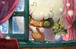  :d creature curtains gen_5_pokemon happy kodama_(artist) no_humans official_art open_mouth plant pokemon pokemon_(creature) pokemon_trading_card_game shadow smile solo standing third-party_source vase whimsicott window yellow_eyes 