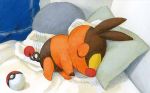  bed closed_eyes closed_mouth creature full_body gen_5_pokemon lying nakai_mina no_humans official_art on_side pig pillow poke_ball poke_ball_(generic) pokemon pokemon_(creature) pokemon_trading_card_game sleeping smile solo tepig third-party_source 
