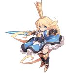  1girl armored_boots bangs black_footwear black_legwear blonde_hair blue_dress blue_eyes blush boots breastplate charlotta_fenia chibi crown dress eyebrows_visible_through_hair full_body gauntlets granblue_fantasy hair_between_eyes highres holding holding_sword holding_weapon karukan_(monjya) long_hair looking_at_viewer mini_crown outstretched_arms parted_lips puffy_short_sleeves puffy_sleeves short_sleeves simple_background solo spread_arms standing sword thigh-highs thigh_boots v-shaped_eyebrows very_long_hair weapon white_background 