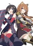 2girls animal_ear_fluff animal_ears armored_boots armored_dress black_gloves black_hair blue_eyes breastplate brown_gloves brown_hair crossover cute hair_between_eyes itai_no_wa_iya_nano_de_bougyoryoku_ni_kyokufuri_shitai_to_omoimasu maple_(bofuri) maple_(itai_no_wa_iya_nano_de_bougyoryoku_ni_kyokufuri_shitai_to_omoimasu) open_mouth raphtalia red_eyes shield smile tate_no_yuusha_no_nariagari teeth