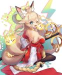  1girl animal_ear_fluff animal_ears artist_request bare_shoulders black_legwear blonde_hair blue_eyes blush breasts electricity eyebrows_visible_through_hair fang fox_ears fox_tail hair_flaps highres inaho_(world_flipper) looking_back medium_breasts medium_hair multiple_tails one_eye_closed open_mouth pantyhose rope shimenawa sideboob sitting smile solo staff tail wariza world_flipper 