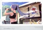  1girl absurdres alternate_costume azur_lane bicycle blue_hair blue_sky blurry bottle breasts day depth_of_field doitsu_no_kagaku drinking essex_(azur_lane) ground_vehicle hair_ribbon highres lens_flare long_hair medium_breasts official_art outdoors ponytail profile ribbon scan sky solo sports_bra sunlight sweat very_long_hair water_bottle yellow_eyes 
