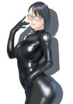  1girl black_hair blush bodysuit breasts eyebrows_visible_through_hair glasses grey_eyes highres kilye_4421 latex_bodysuit looking_at_viewer medium_breasts original shadow short_hair simple_background skin_tight smile solo white_background 