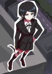  1girl black_hair blue_eyes breasts building d4ng4nn6bu12 dagger dangan_ronpa formal freckles full_body ikusaba_mukuro jacket knife ribbon school_uniform shirt shoes short_hair skirt small_breasts standing suit swiss_army_knife weapon 