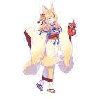  1girl :d absurdres animal_ear_fluff animal_ears bell blonde_hair clog_sandals fire_emblem fire_emblem_fates fire_emblem_heroes fox_ears fox_tail full_body fur_trim geta gourd grin hair_bell hair_ornament hair_ribbon head_tilt highres holding japanese_clothes jingle_bell kimono long_sleeves looking_at_viewer multicolored_hair nagisa_kurousagi obi official_art open_mouth red_ribbon ribbon sandals sash selkie_(fire_emblem) short_hair simple_background sleeves_past_fingers sleeves_past_wrists smile solo standing streaked_hair tail white_background white_legwear wide_sleeves yellow_eyes yellow_kimono 