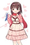  1girl blue_eyes blush brown_hair dress eyebrows_visible_through_hair hair_ribbon hairband heart idolmaster idolmaster_cinderella_girls long_hair looking_at_viewer pinky_out red_string ribbon sakuma_mayu sekiya_asami short_hair smile solo string string_around_finger thread white_background 