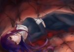  1girl asagami_fujino black_dress blood blood_from_mouth bloody_clothes bloody_hair breasts cropped_arms dress highres injury kara_no_kyoukai long_dress long_hair lying medium_breasts on_side purple_hair simasima0852 solo 