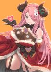  1girl bangs bare_shoulders black_gloves black_legwear blue_eyes blush braid breasts closed_mouth draph dress fur-trimmed_dress garter_straps gloves granblue_fantasy hair_over_one_eye heart highres jewelry large_breasts lavender_hair long_hair long_sleeves looking_at_viewer mistletoe narmaya_(granblue_fantasy) pendant pointy_ears red_dress renzu_(lens_02) sash simple_background single_braid smile snowman_hair_ornament solo thigh-highs thighs wide_sleeves 
