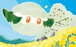  blue_sky cottonee creature day floating flower full_body gen_5_pokemon no_humans official_art outdoors outline pokemon pokemon_(creature) pokemon_trading_card_game sky third-party_source uratsuka_ryouma white_outline 
