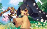  ;d blue_sky closed_mouth clouds cloudy_sky creature day flower forest gen_1_pokemon gen_3_pokemon gen_4_pokemon grass green_eyes happy jigglypuff kodama_(artist) looking_at_viewer lopunny mawile mega_lopunny mega_pokemon nature no_humans official_art one_eye_closed open_mouth outdoors pink_eyes pokemon pokemon_(creature) pokemon_trading_card_game rabbit sky smile standing standing_on_one_leg third-party_source tree violet_eyes 