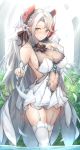  1girl absurdres ahoge azur_lane bangs bare_shoulders blush breasts bridal_gauntlets bridal_veil bride bush collarbone commentary_request cowboy_shot day dress eyebrows_visible_through_hair hair_ornament headgear highres iron_cross large_breasts long_hair looking_at_viewer mole mole_on_breast multicolored_hair panties pantyshot pantyshot_(standing) parted_lips partially_submerged pleated_skirt prinz_eugen_(azur_lane) short_dress showgirl_skirt sidelocks silver_hair sitting skirt skirt_lift smile solo standing streaked_hair thigh-highs two_side_up underwear veil very_long_hair water wedding_dress white_legwear white_panties white_skirt yusha_(m-gata) 