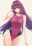  1girl bangs bare_shoulders blush breasts collarbone competition_swimsuit covered_navel fate/grand_order fate_(series) hair_intakes highleg highleg_swimsuit highres higofushi large_breasts long_hair looking_at_viewer one-piece_swimsuit purple_hair red_eyes scathach_(fate)_(all) scathach_(fate/grand_order) simple_background smile solo swimsuit 
