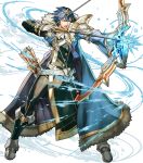  1boy alternate_costume arrow aura belt blue_eyes blue_hair boots bow_(weapon) chrom_(fire_emblem) fire_emblem fire_emblem_awakening fire_emblem_heroes full_body fur_trim gloves highres hino_shinnosuke official_art open_mouth quiver solo sparkle teeth tiara transparent_background weapon 