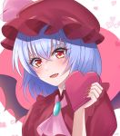  1girl :d bangs black_wings blue_hair blush demon_wings eyebrows_visible_through_hair fang fingernails hair_between_eyes hat looking_at_viewer nail_polish open_mouth pink_neckwear red_eyes red_headwear red_nails red_shirt remilia_scarlet sharp_fingernails shiny shiny_hair shirt short_hair short_sleeves smile solo souyoru touhou upper_body valentine wings 