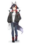  1girl absurdres animal_ear_fluff animal_ears bag black_hair boots denim expressionless full_body grocery_bag hand_in_pocket highres hololive hood hood_down hooded_jacket jacket long_hair long_sleeves ookami_mio redhead shopping_bag simple_background sweater tail white_background wolf_ears wolf_tail yamabuki7979 