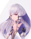  1girl closed_mouth fire_emblem fire_emblem:_three_houses hair_ornament highres jewelry leonmandala long_hair long_sleeves lysithea_von_ordelia pink_eyes ring simple_background solo upper_body white_hair 