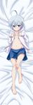  1girl absurdres ahoge bare_legs barefoot bed_sheet blue_eyes blue_skirt blush collarbone dakimakura flat_chest full_body hands_on_own_chest highres hood hooded_jacket igarashi_yukio jacket light_blue_hair looking_at_viewer lying mukaigawara_ken navel on_back on_bed open_clothes open_jacket rifle_is_beautiful short_hair skirt sleeves_past_wrists solo white_jacket 