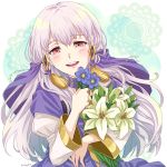  1girl dress fire_emblem fire_emblem:_three_houses flower hair_ornament holding ichii_k long_hair long_sleeves lysithea_von_ordelia open_mouth pink_eyes solo tearing_up upper_body white_hair 
