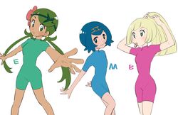  3girls blonde_hair blue_eyes blue_hair blue_unitard dark_skin djmn_c green_eyes green_hair green_unitard letter lillie_(pokemon) long_hair mallow_(pokemon) medium_hair multiple_girls pink_unitard pokemon pokemon_(anime) pokemon_sm_(anime) short_hair simple_background suiren_(pokemon) twintails unitard white_background 