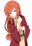  1girl brown_eyes buratei_marii closed_mouth fan holding holding_fan ixy japanese_clothes joshiraku kimono long_hair long_sleeves orange_hair simple_background solo white_background wide_sleeves 