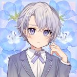  1boy bangs blue_flower blush closed_mouth collared_shirt commentary dress_shirt eyebrows_visible_through_hair floral_background flower grey_jacket hair_between_eyes hand_up jacket karokuchitose long_sleeves looking_at_viewer male_focus nemophila_(flower) original shirt silver_hair solo upper_body violet_eyes white_shirt 