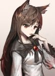  animal_ears bangs brooch brown_hair dress eyebrows_visible_through_hair fingernails hand_on_own_cheek highres imaizumi_kagerou jewelry long_fingernails long_hair long_sleeves looking_at_viewer red_eyes simple_background tongue tongue_out touhou werewolf white_dress wide_sleeves wolf_ears yanyan_(shinken_gomi) 