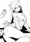 1girl animal_ear_fluff animal_ears ass bangs bare_shoulders breasts cheetah_(kemono_friends) cheetah_ears cheetah_tail collarbone commentary dated extra_ears eyebrows_visible_through_hair greyscale hair_between_eyes happa_(cloverppd) highres kemono_friends long_hair looking_at_viewer medium_breasts monochrome off-shoulder_sweater off_shoulder ribbed_sweater signature solo spot_color sweater tail yellow_eyes